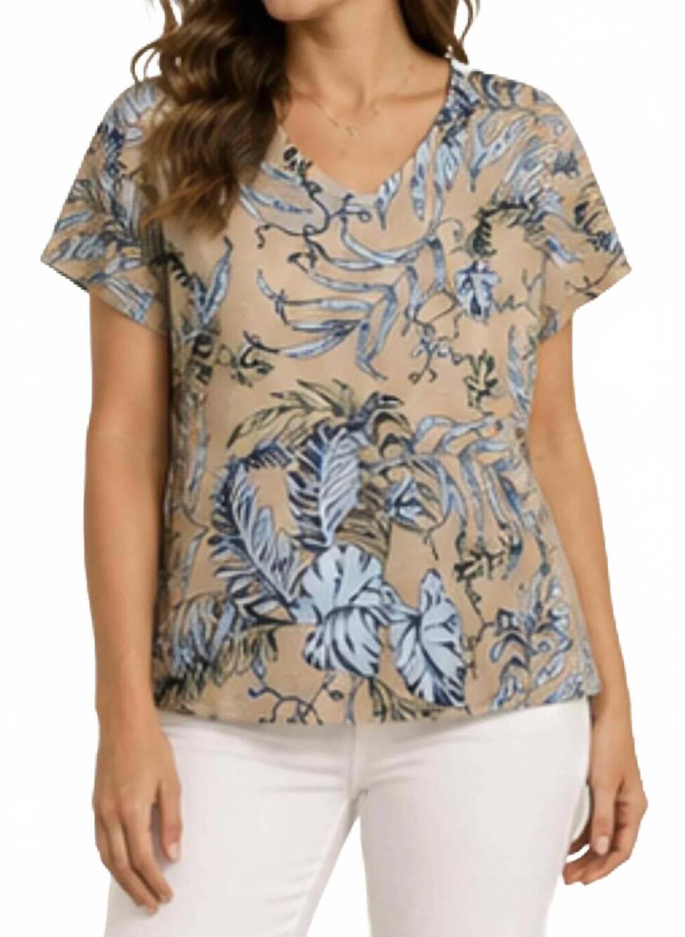 NEW KEREN HART v-neck short sleeve tee in tan and light blue floral